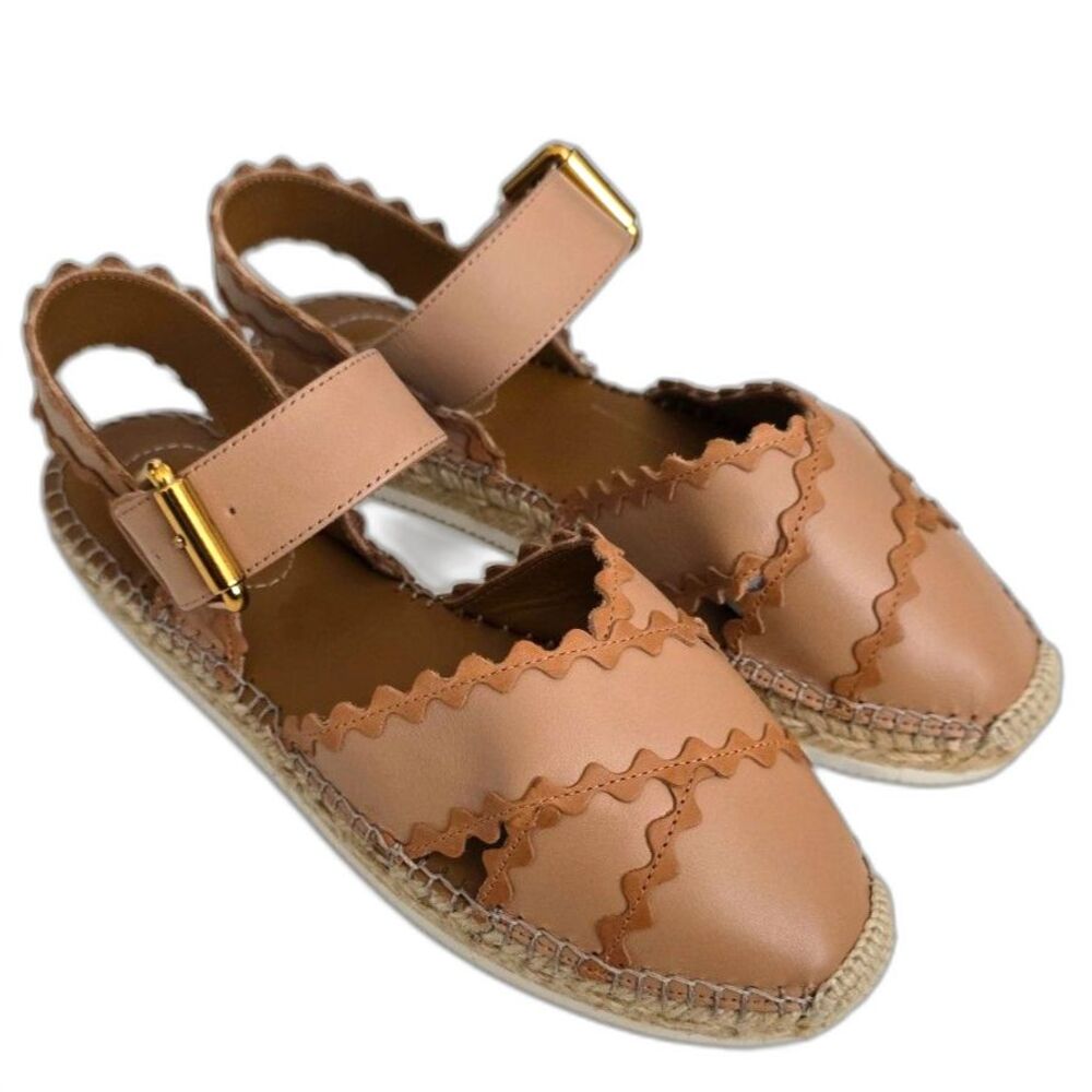 See by Chloé Glyn Blush Tan Leather Scalloped Espadrille Sandals Size 36 NWOB
